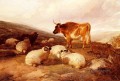 高原の風景の中の雄羊と雄牛 農場の動物 牛 トーマス・シドニー・クーパー